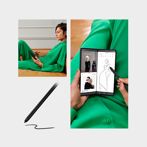 Person holding the S Pen sketching a design on the right side Samsung Galaxy Z Fold3’s screen, referencing images on the left side.